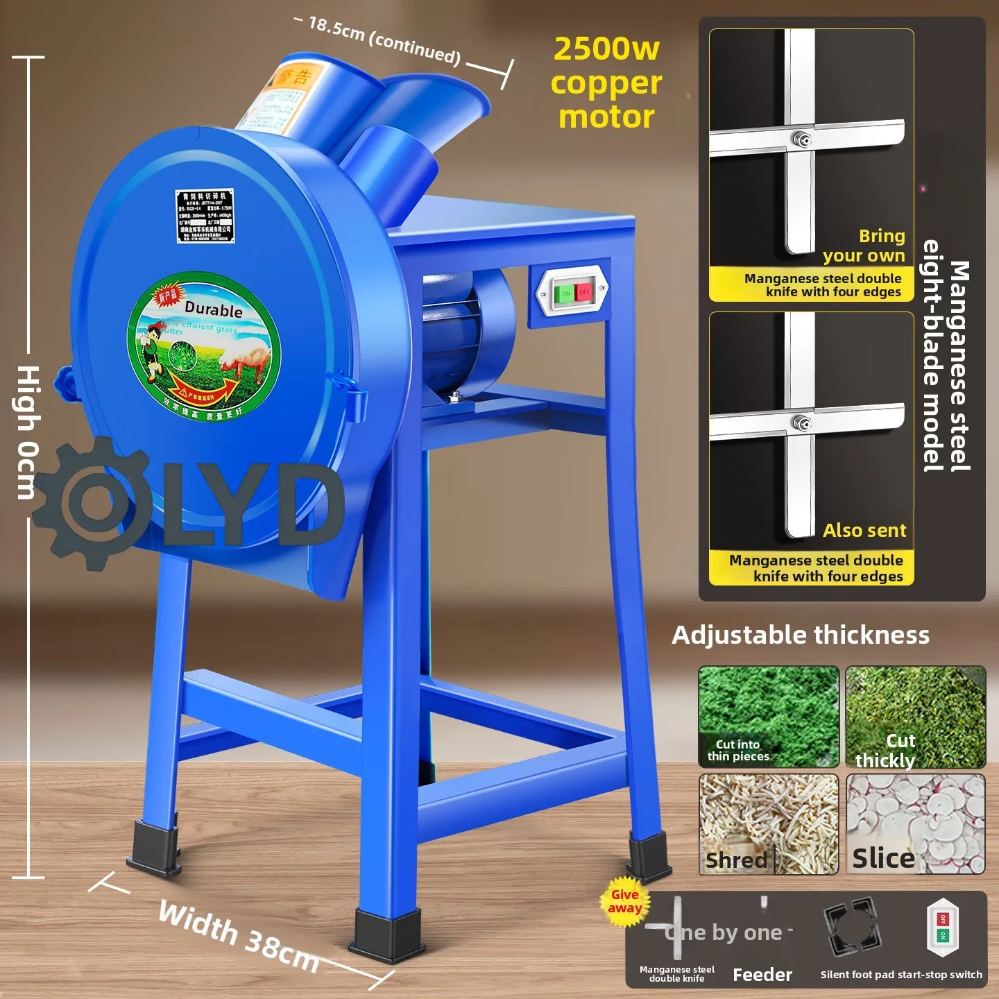 2500W Double Feed Inlet Feed Shredder 8 Blade Copper Core Motor 38mm Thick Steel Plate Grass Cutter for Breeding