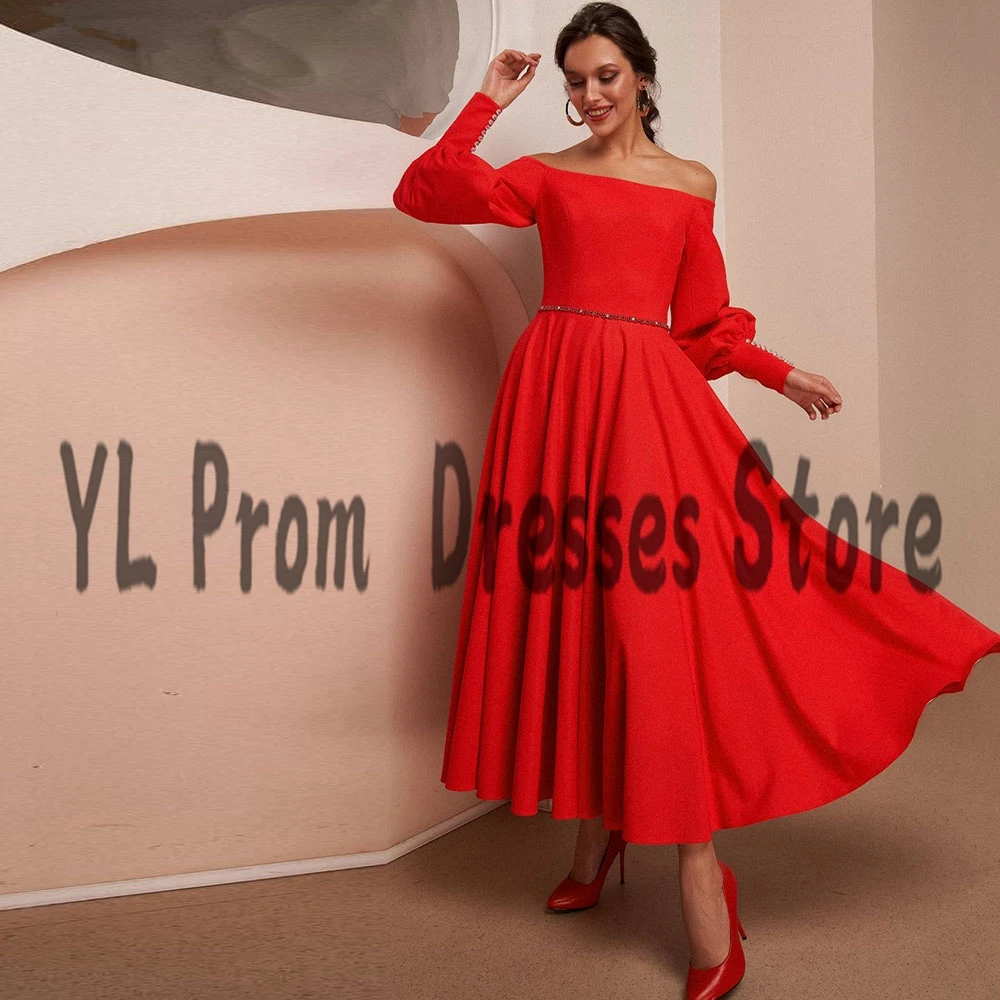 

YL Formal Chiffon A-Line Graduation Dresses Pleated Off The Shoulder Prom Dress Tea-Length Beading Sashes robes de soirée