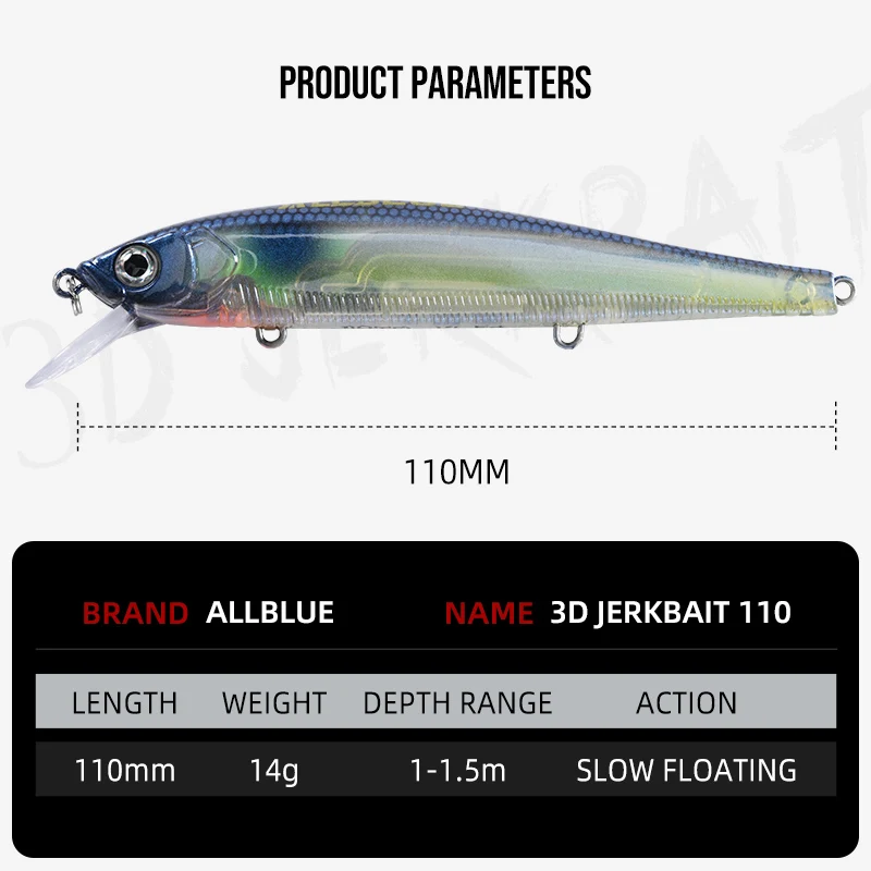 ALLBLUE 3D Jerkbait Wobbler Fishing Lure 110mm 14g 3DS Rolling Slow Floating Minnow Bass Pike Artificial Bait Fishing Tackle