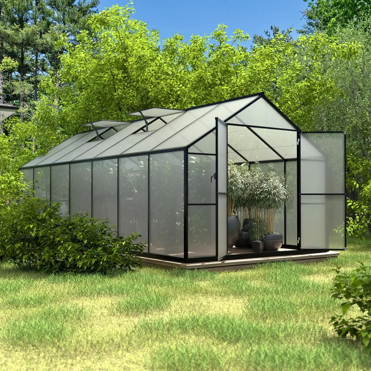 8 x 14 FT Greenhouse with Aluminum Frame, Greenhouses for Outdoors with 2 Vents, Lockable Doors, Polycarbonate Panels, Walk-in G