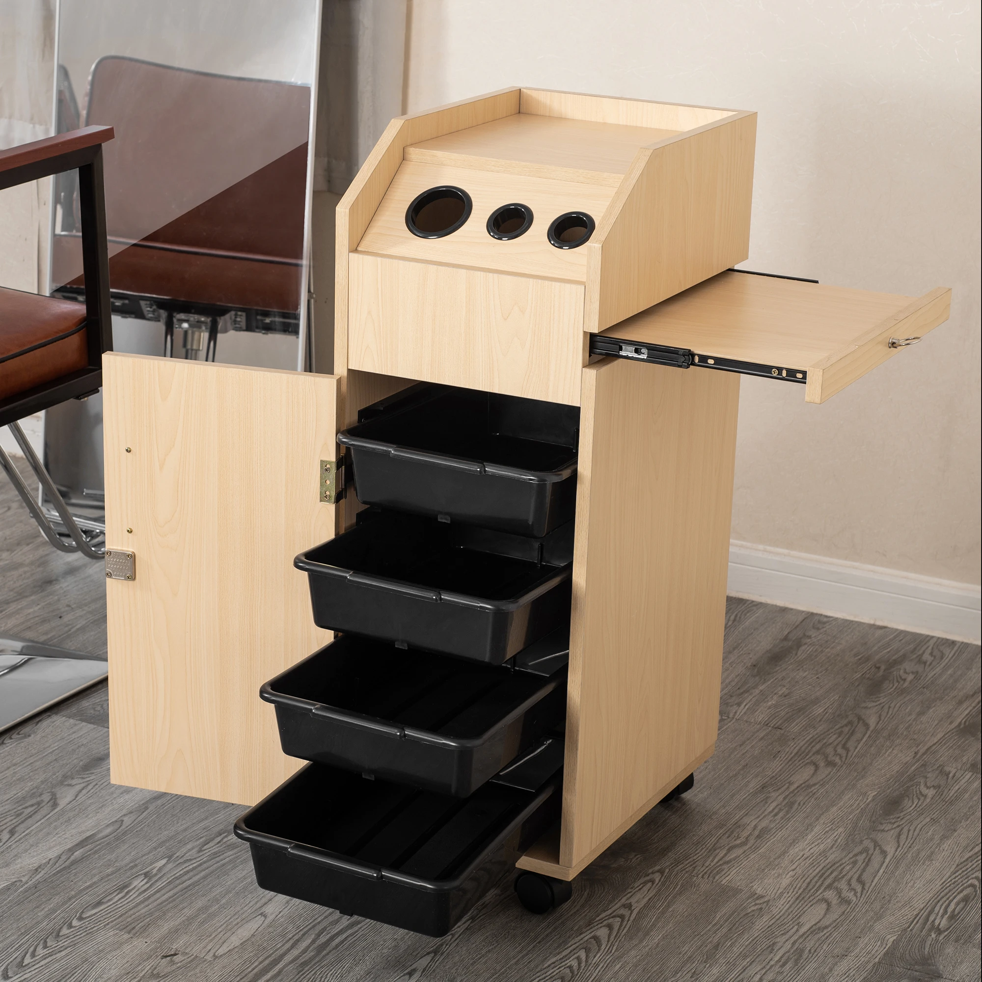 Plywood Solid Wood Yellow Color Wholesale Cheap 360 Degree Barber Shop Furniture Salon Trolley