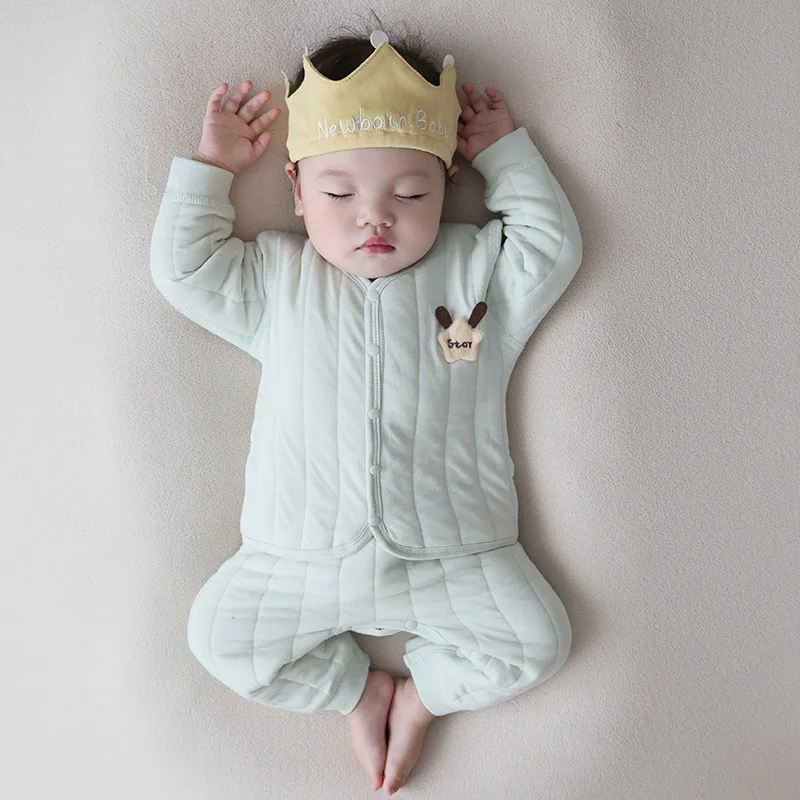 

Зимняя стеганая куртка для маленьких мальчиков и девочек, костюм, осенний комплект пальто с высокой талией и поддержкой живота, топ + брюки, комплект из 2 предметов, От 0 до 3 лет