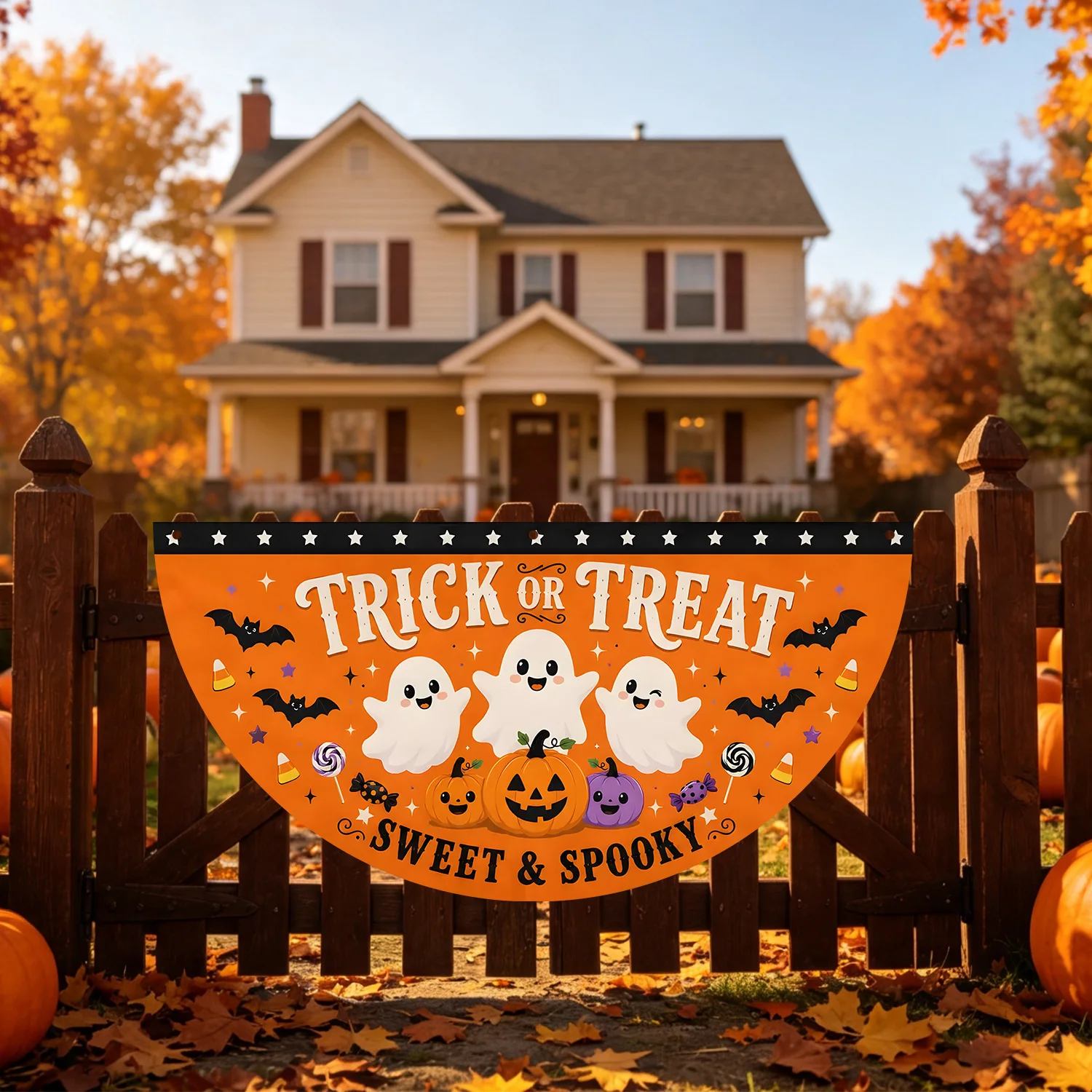 Trick or Treat Halloween Halbmond-Fanbanner, niedliches Geister-Kürbis-Fledermaus-Design, gruselige Hängeflagge für Tür, Garten, Zuhause, Dekoration – Detail 2