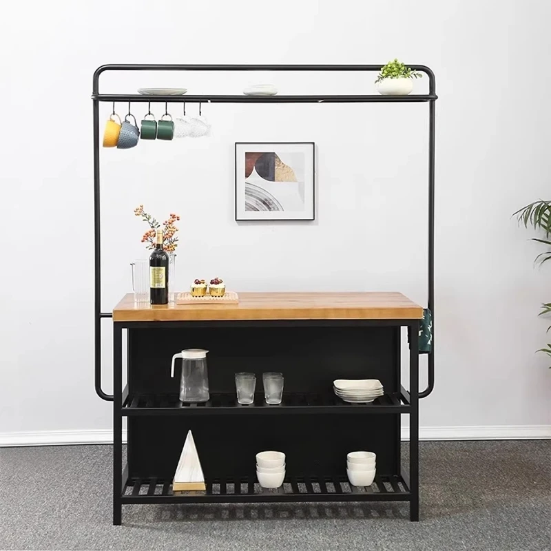 Kitchen Cooking Desk Middle Island Table Integrated Household Open Removable Side Cabinet Shelf Solid Wood Tea Bar