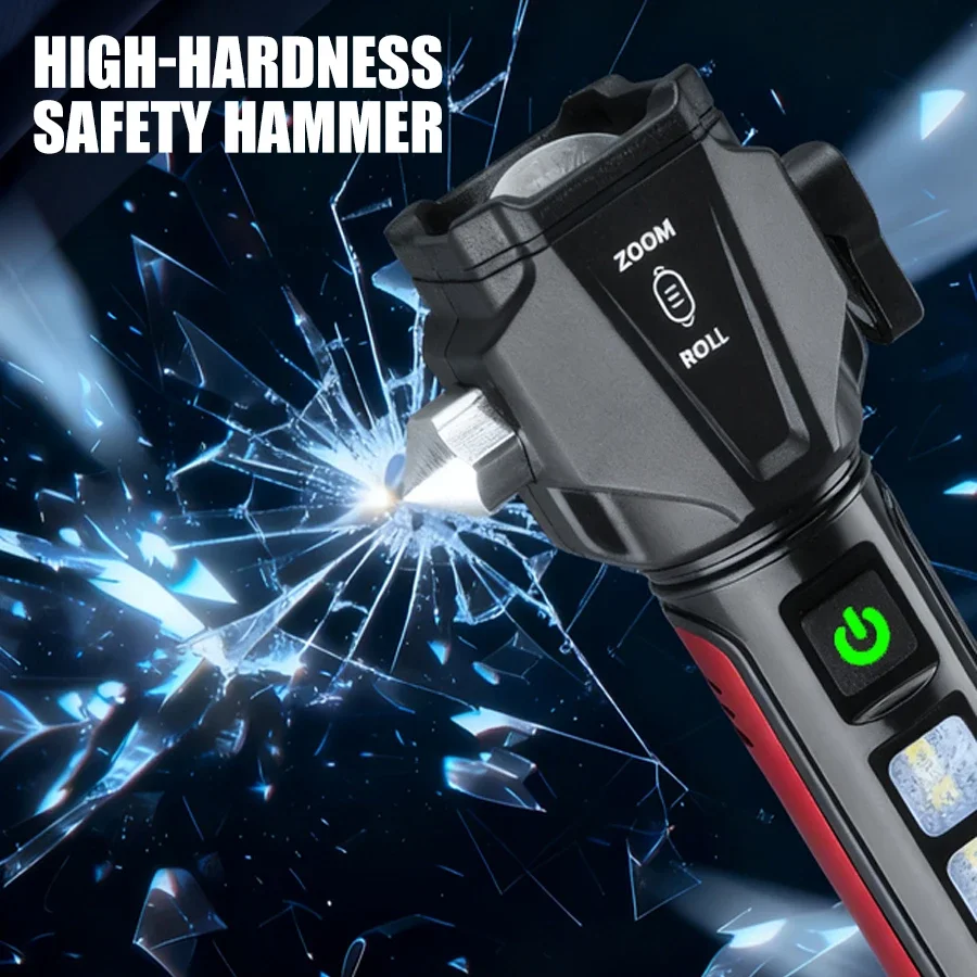 مصباح يدوي LED من Tactica مع مطرقة أمان وقاطع حزام الأمان، ستروب أحمر SOS، معدات نجاة قابلة لإعادة الشحن للدفاع عن EDC في الهواء الطلق