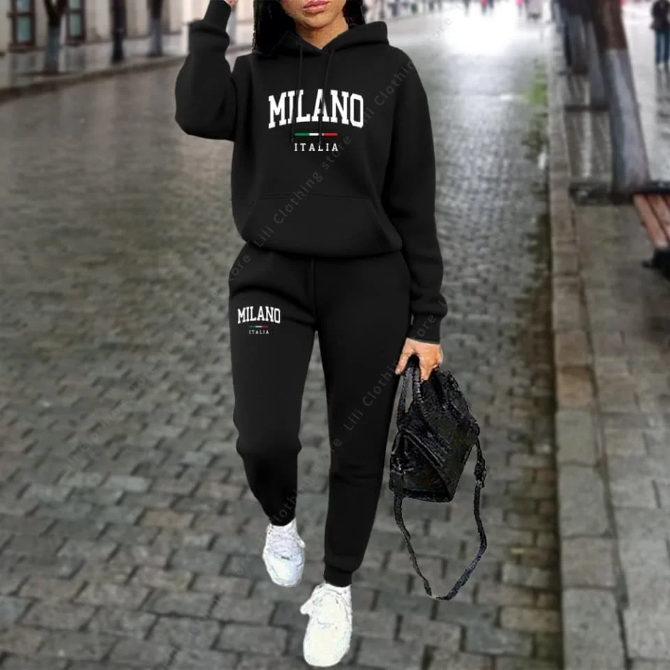 Women's Tracksuit Hoodies Pants Fall Winter Matching Set Athleisure MLANO Letter Print Fleece 2 Piece Sweatpants Set for Woman