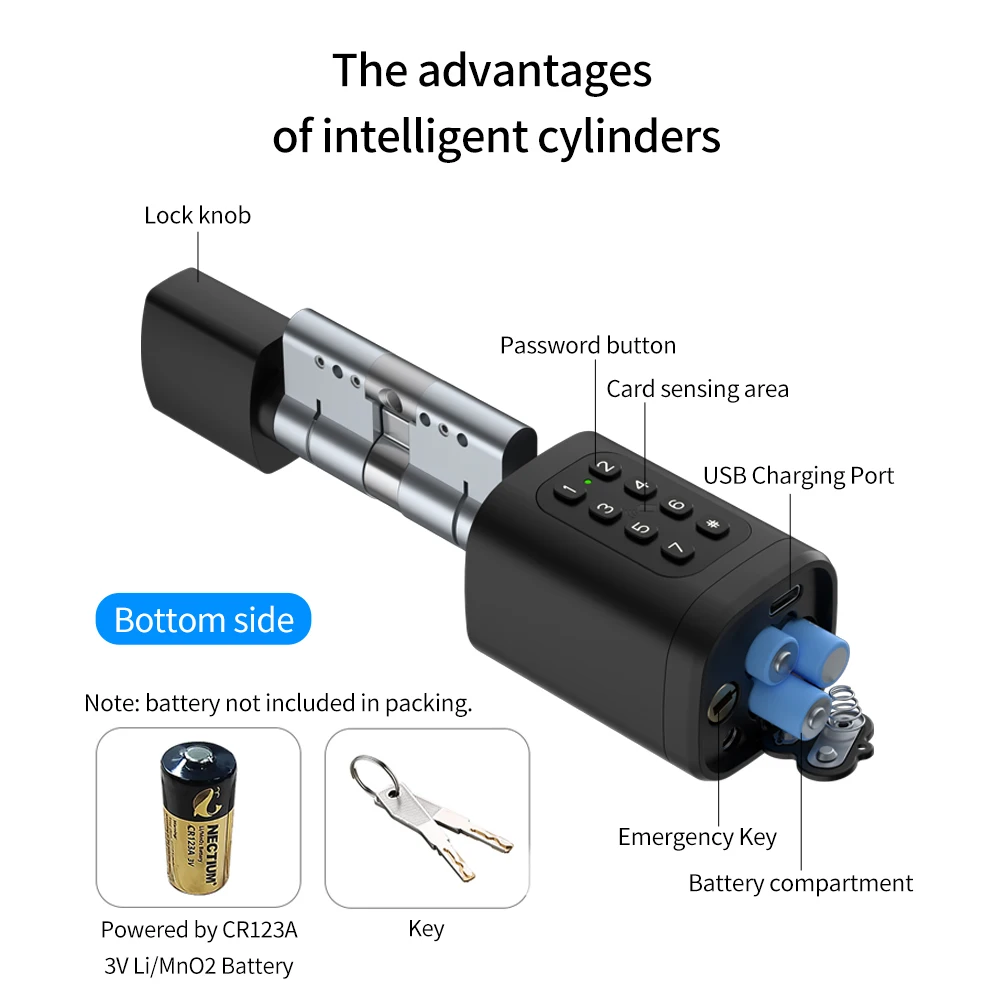 Tuya Smart Cylinder Digital Door Lock Mortise Bolt 2 Ways Adjustable Cylinder Length Fingerprint Password APP Key IC Card Unlock