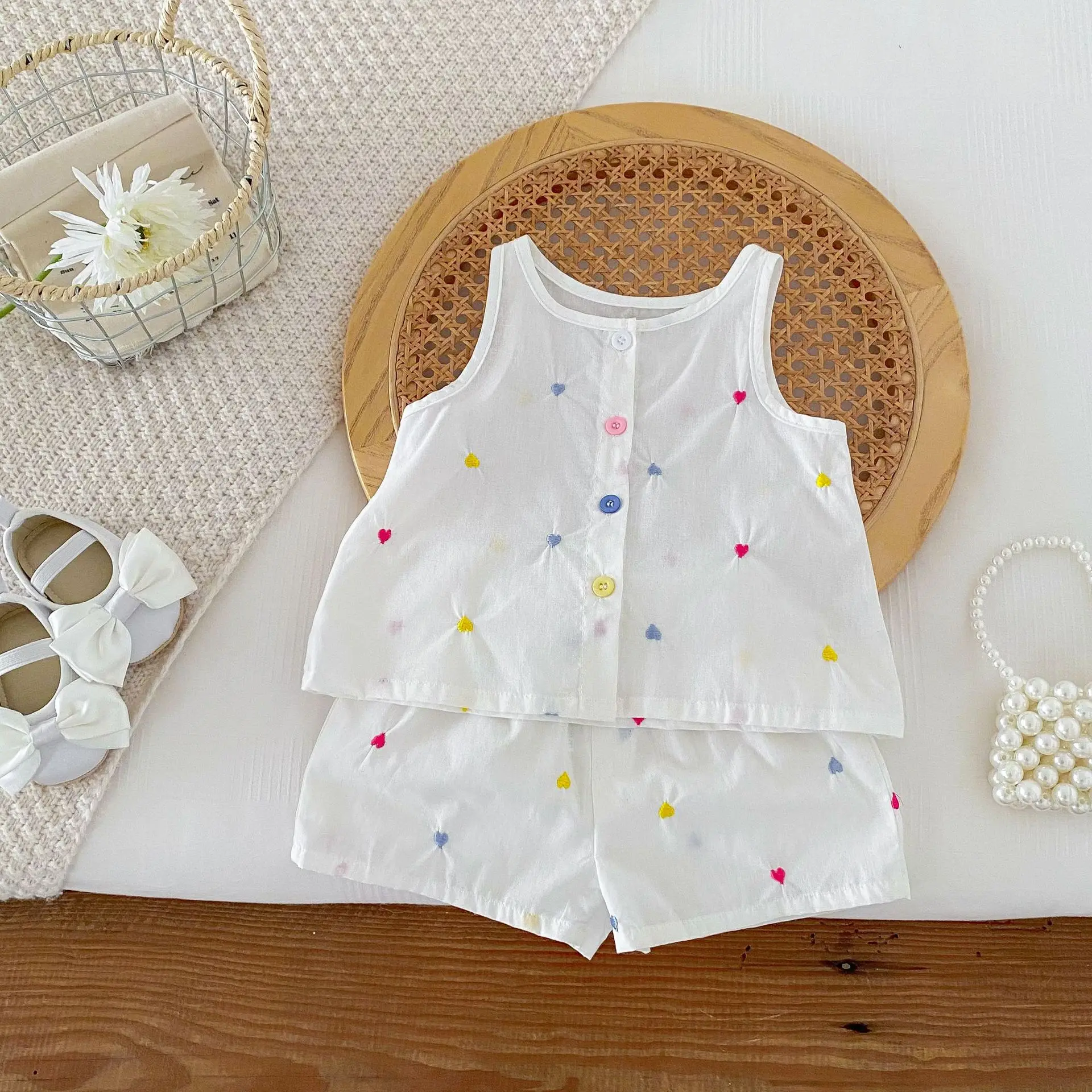 

2024 Summer New Baby Sleeveless Clothes Set Infant Girl Embroidery Cotton Tops + Shorts 2pcs Suit Toddler Thin Casual Outfits