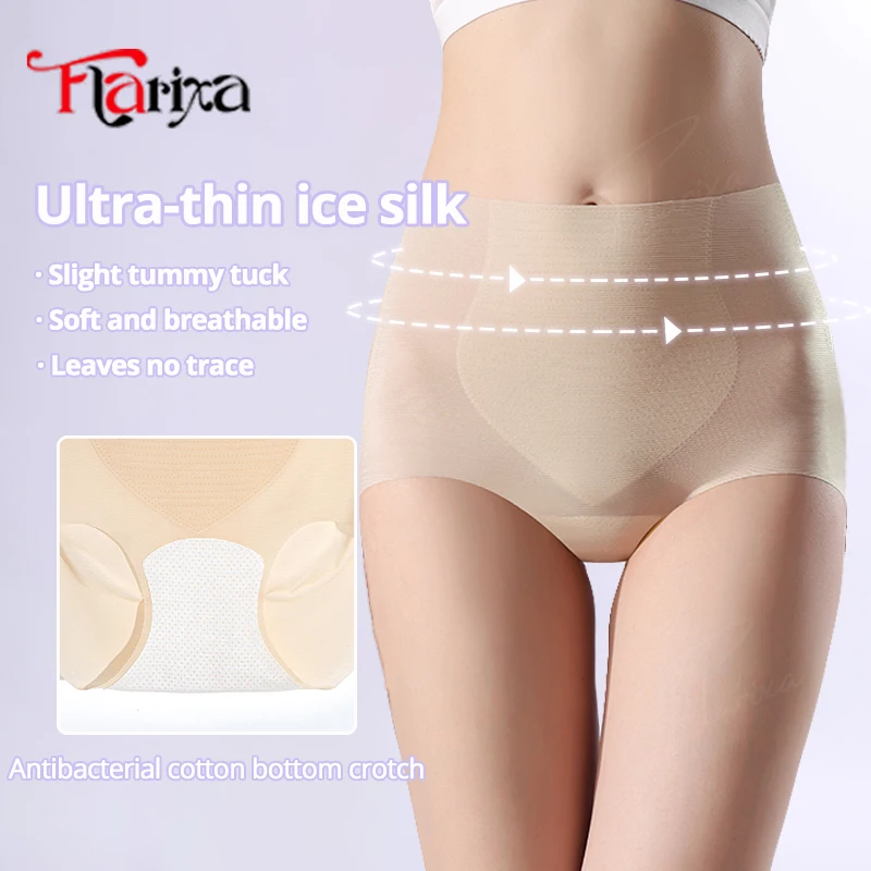 Flarixa Ultra Thin Ice Silk Panties Women Seamless Underwear High Waist Belly Slimming Shaping Panties Breathable Ladies Briefs