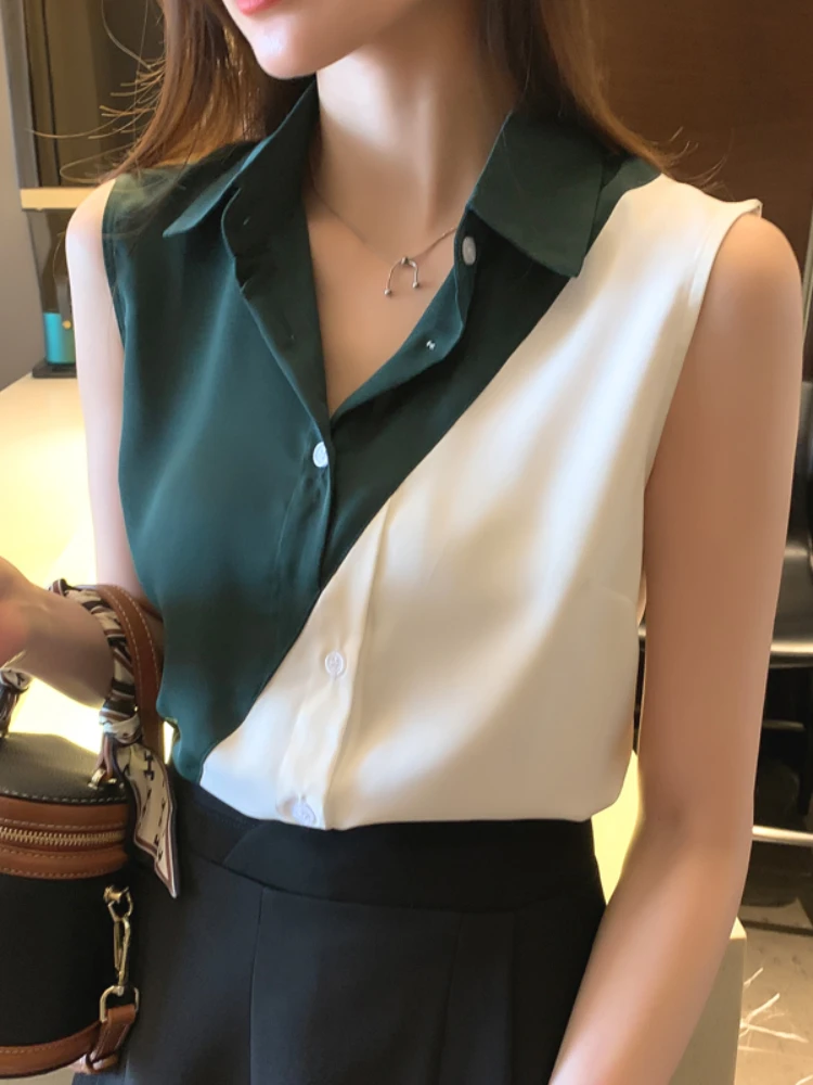 Summer Women Shirts V-Neck Chiffon Button Up Shirt Sleeveless Patchwork Womens Top Fashion Clothes Woman 2023 Basic Ladies Tops