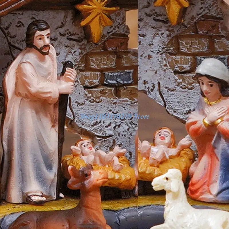 N5KC Christmas Nativity Set Holy Family Resins Figurine Statue with Stable Miniature Christmas Nativity Scene Sculptures