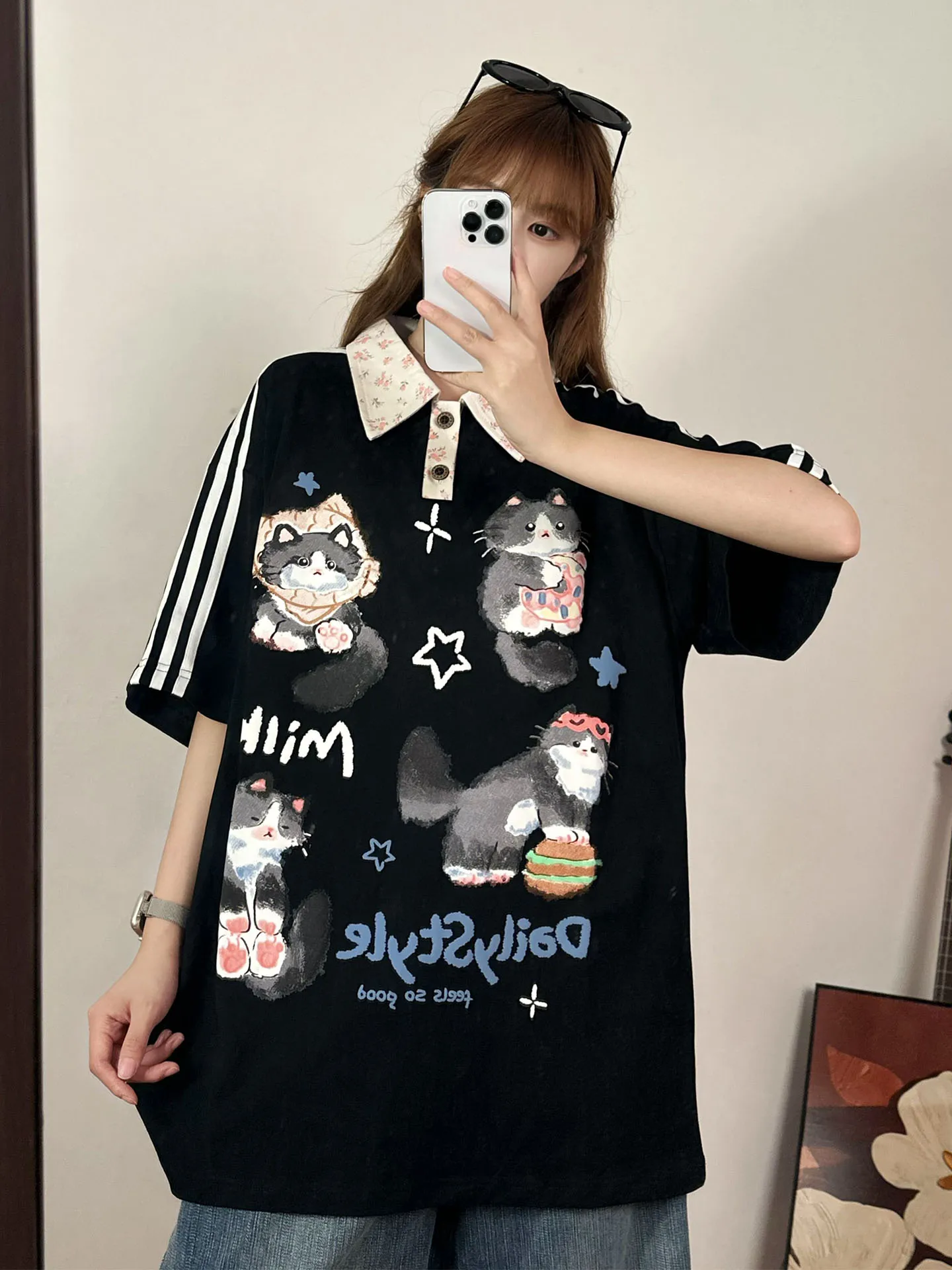 

American Retro Cute Cat Print Short-sleeved T-shirt Women's College Floral Polo Collar Loose Mid-length Black Top