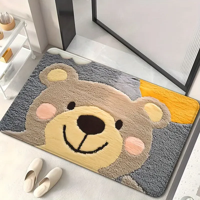 VIKAMA Smiling Bear Plush Bathroom Door Mat, Non-Slip, Absorbent Entryway Mat, Bedroom Decorative Mat, Home Decor