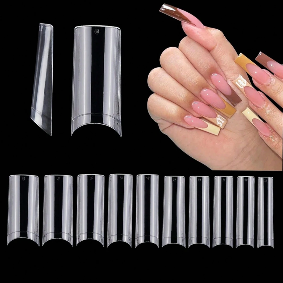600 قطعة من أطراف الأظافر No C Curve XL، أظافر صناعية شفافة طويلة مربعة مستقيمة 10 مقاسات نصف غطاء أظافر صناعية لمهني صالونات الأظافر