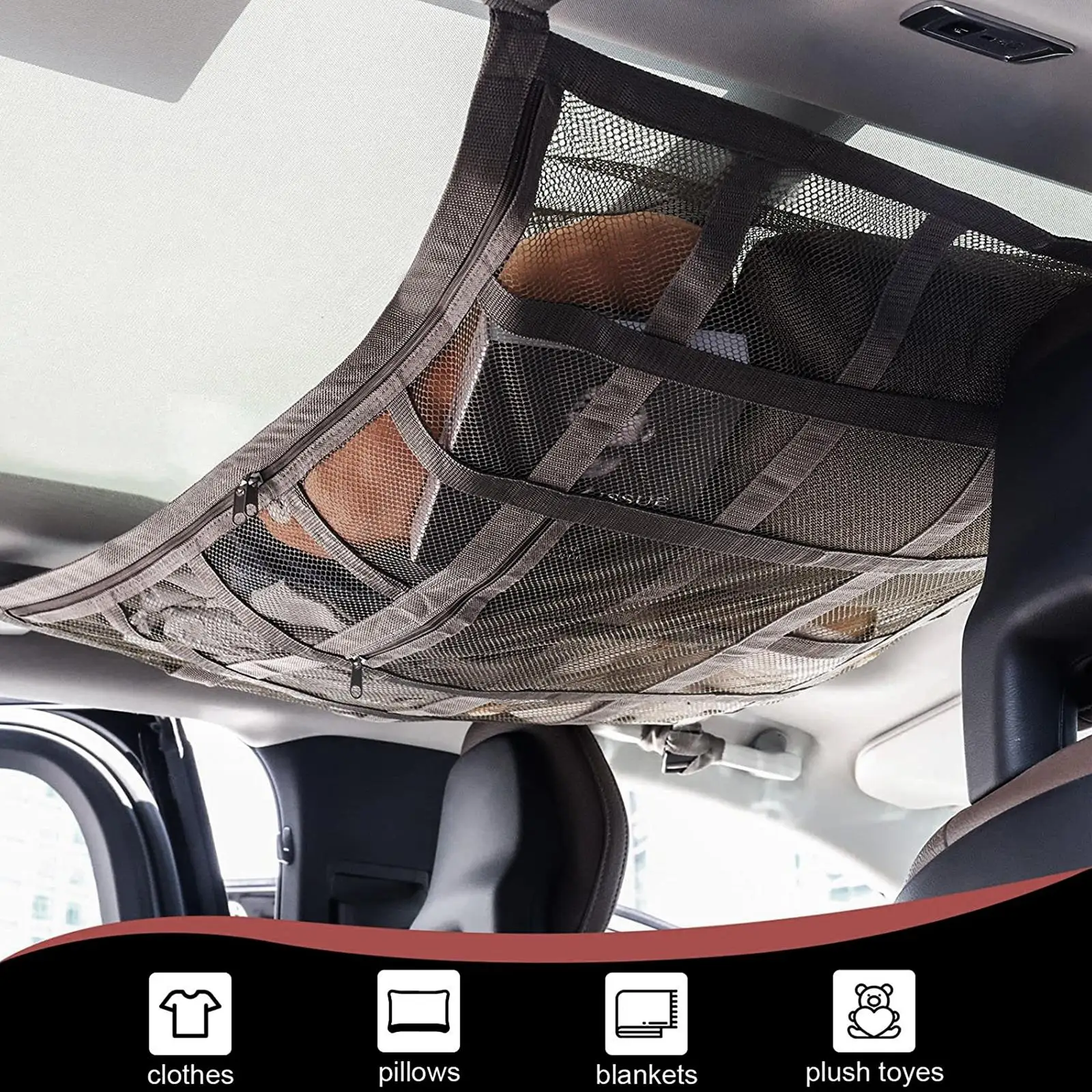 Car Ceiling Storage Net Interior Cargo Zipper Net Universal Car Adjustable Trunk Bag Pocket Sundries Storage Net Organizer F5V1