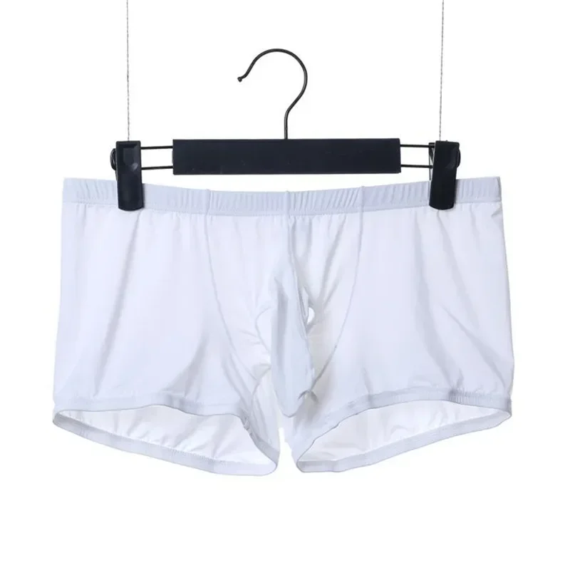 Sexy Boxer Shorts Men's Lingerie Ice Silk Underwear Long Nose Bulge Pouch Trunks Comfortable Underpants Front Open Hole Panties