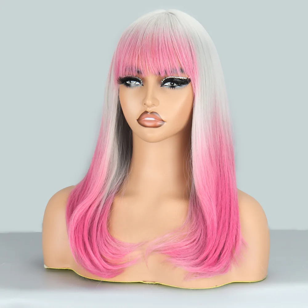 تشى الانفجارات الرمادية الوردية تغيير تدريجي طرف الشعر الطويل مشبك آلية الألياف الكيميائية الأوروبية والأمريكية شعر مستعار القبعات