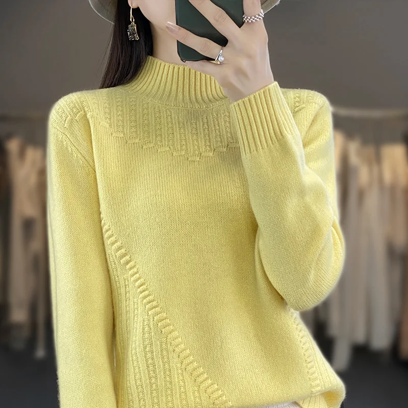 2023 Autumn and Winter New Cashmere Sweater Women Mock Neck Knitted Pullover Loose Heavy craftsmanship Cashmere Sweater Women