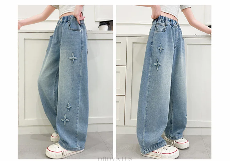 Neue Modische Kinderjeans mit Sternenmuster für Mädchen, Stylische Gerade Denim-Hosen, Lässige Jeans für Kinder und Teenager – Detail 2