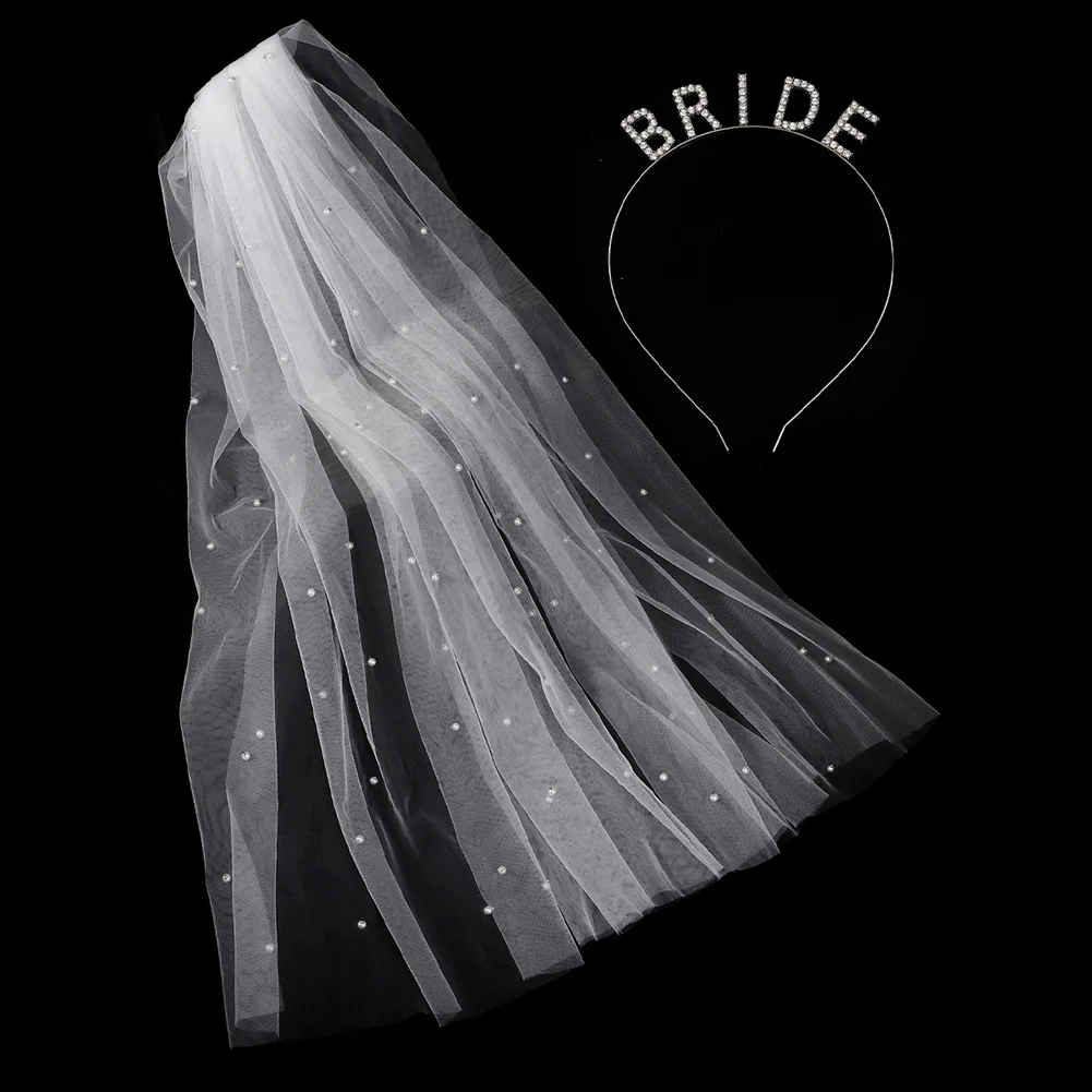 2PK/مجموعة أزياء الحجاب الزفاف الأبيض مع رسالة عقال لؤلؤ فاخر شال الحجاب أغطية الرأس اكسسوارات الشعر العروس هيرباند للنساء