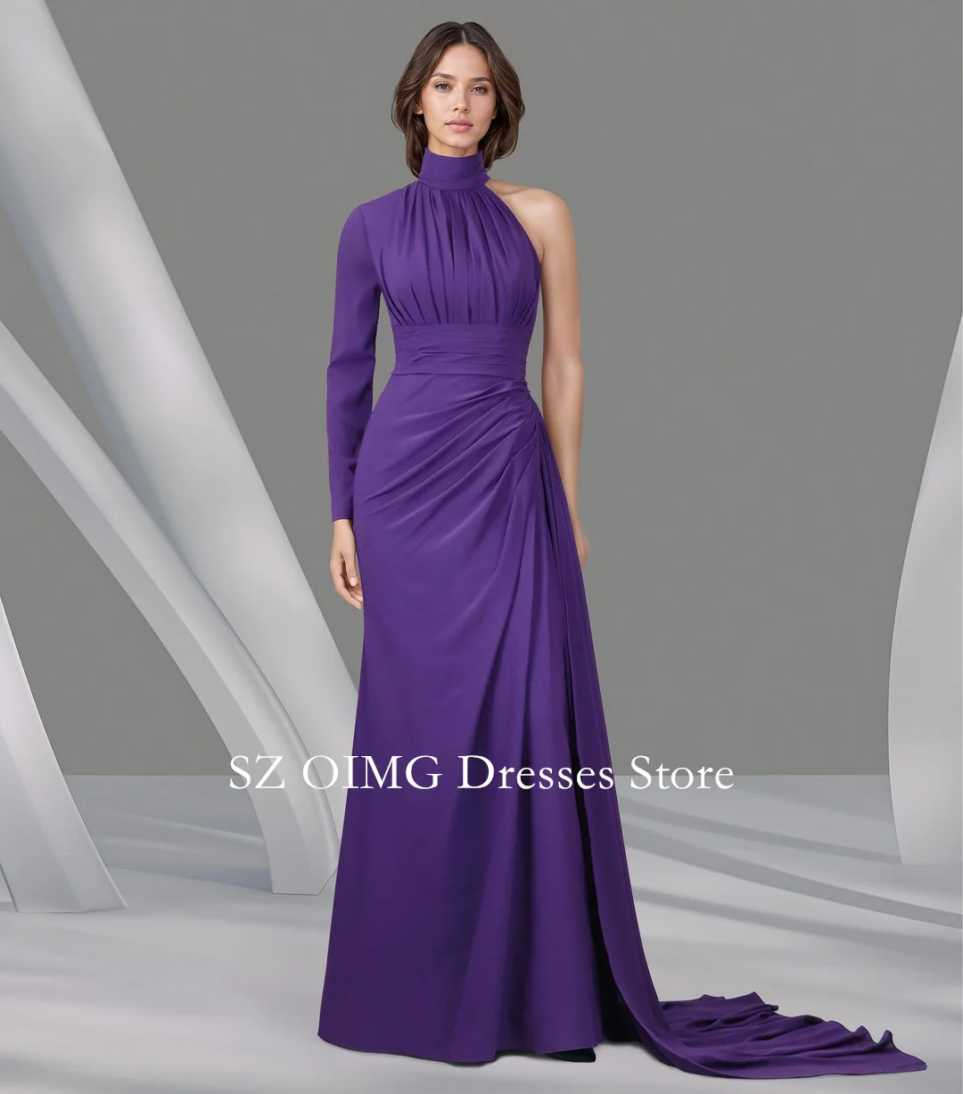 

OIMG New Design High Neck Purple Prom Dresses Draped Dress with Side Satin Train Vintage Women Evening Gowns Formal Party Dress