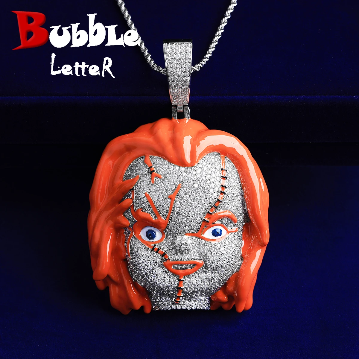 Bubble Letter Iced Out Character Head Necklace Pendant for Men Silver Plated Cubic Zirconia Hip Hop Jewelry