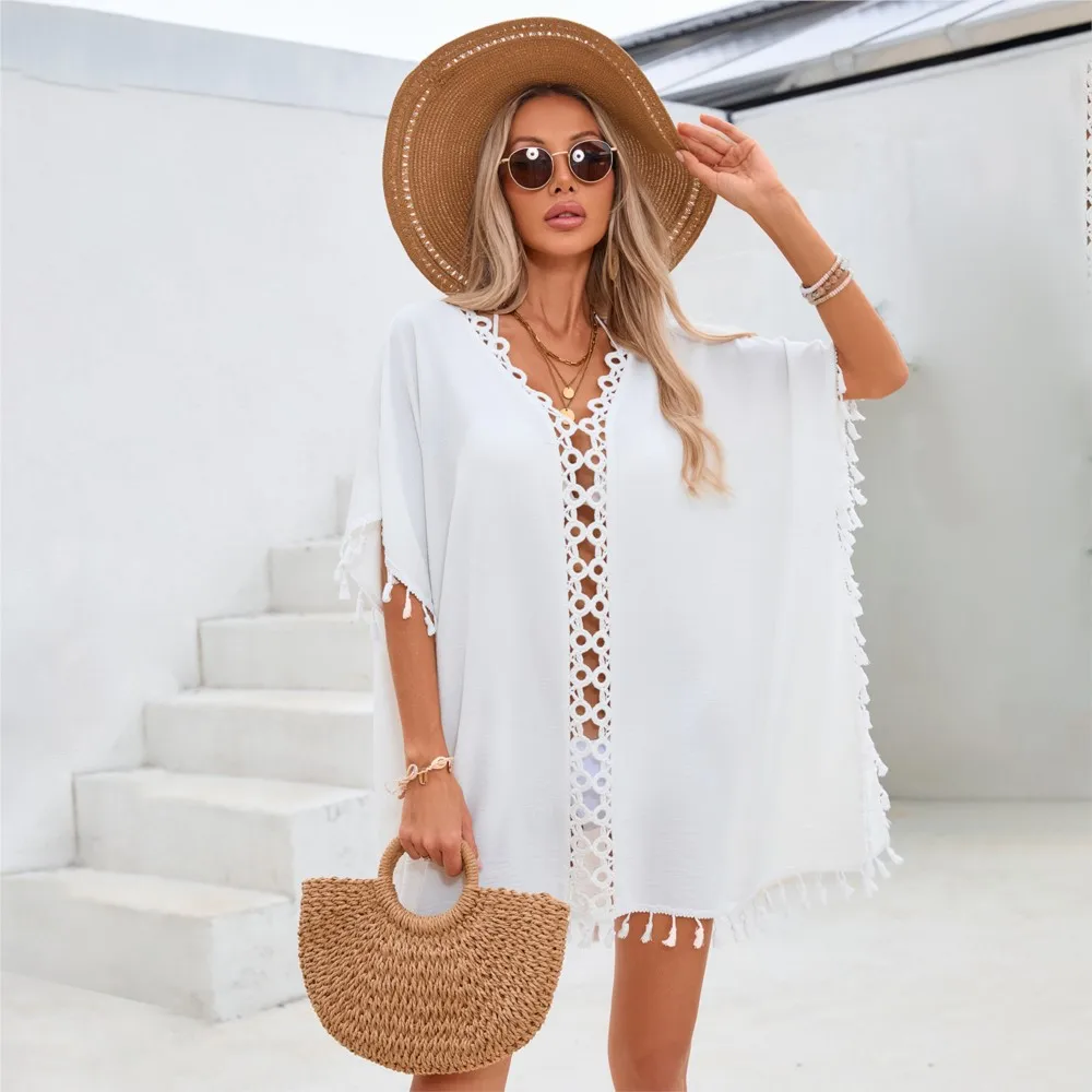

Sexy Beach Dresses Solid Color Summer Loose Resort Style Stitching Hollow Fringe Crochet V-neck Short-sleeved Bikini Cover-up
