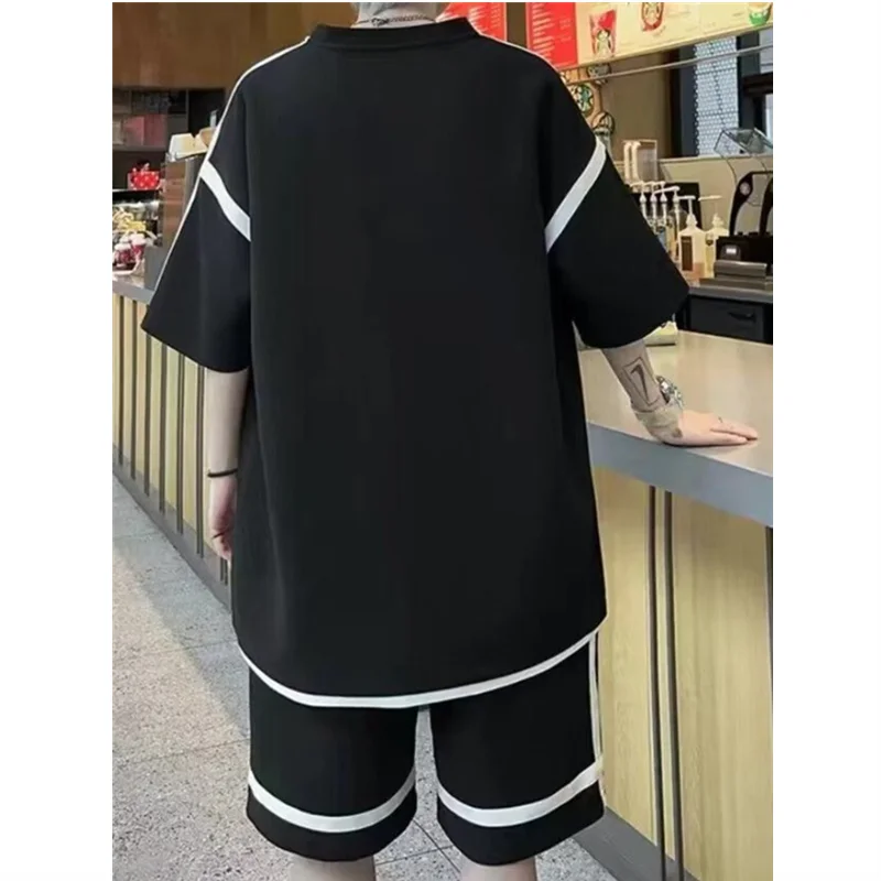 Men's Loose Short Sleeve T-Shirts & Shorts Waffle Contrast Color Round Neck Casual T-Shirts Sets Oversized Trendy Two Piece Set