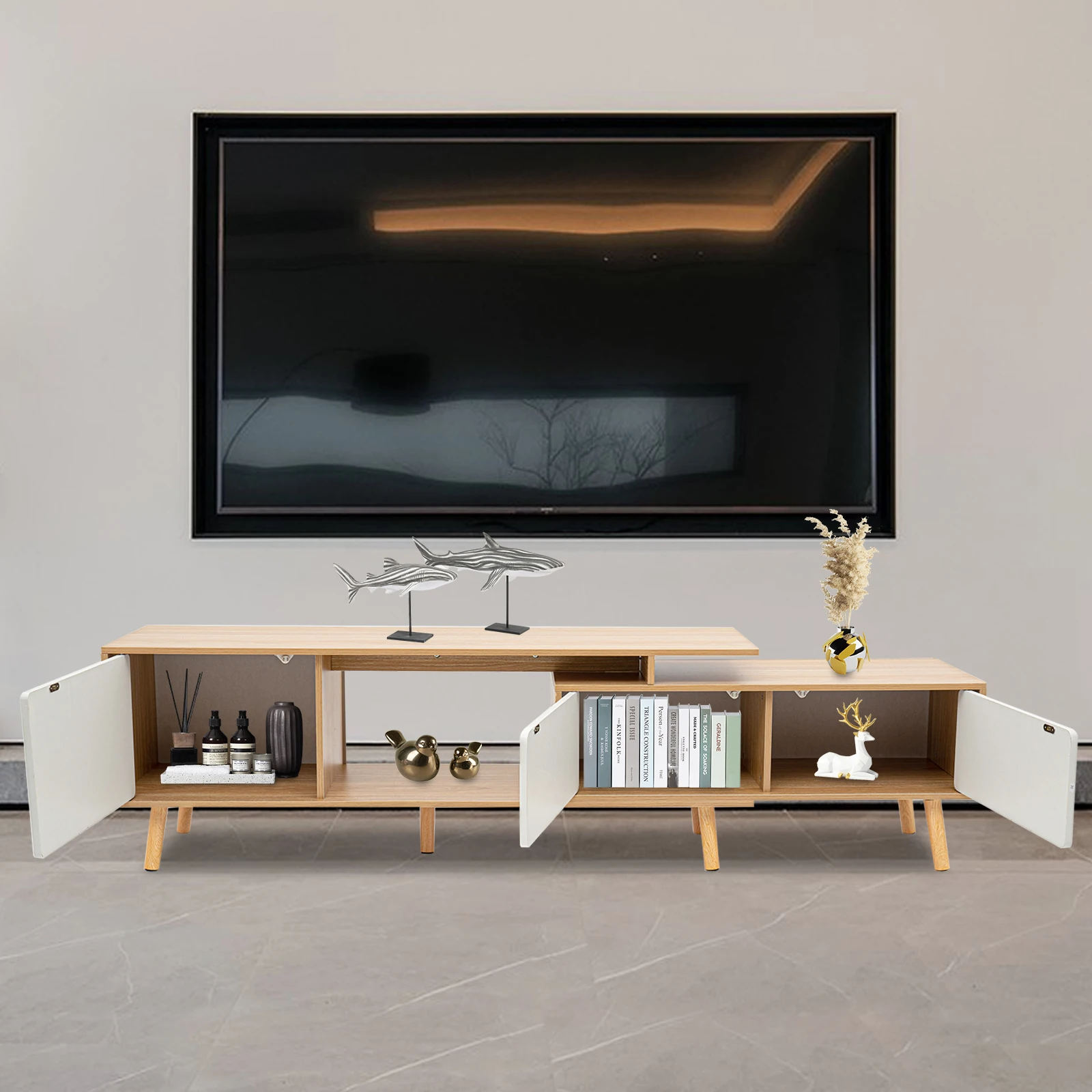 CNCEST Simple Modern TV Cabinet Adjustable Solid Wood Leg Coffee Table TV Cabinet with Three Door Model