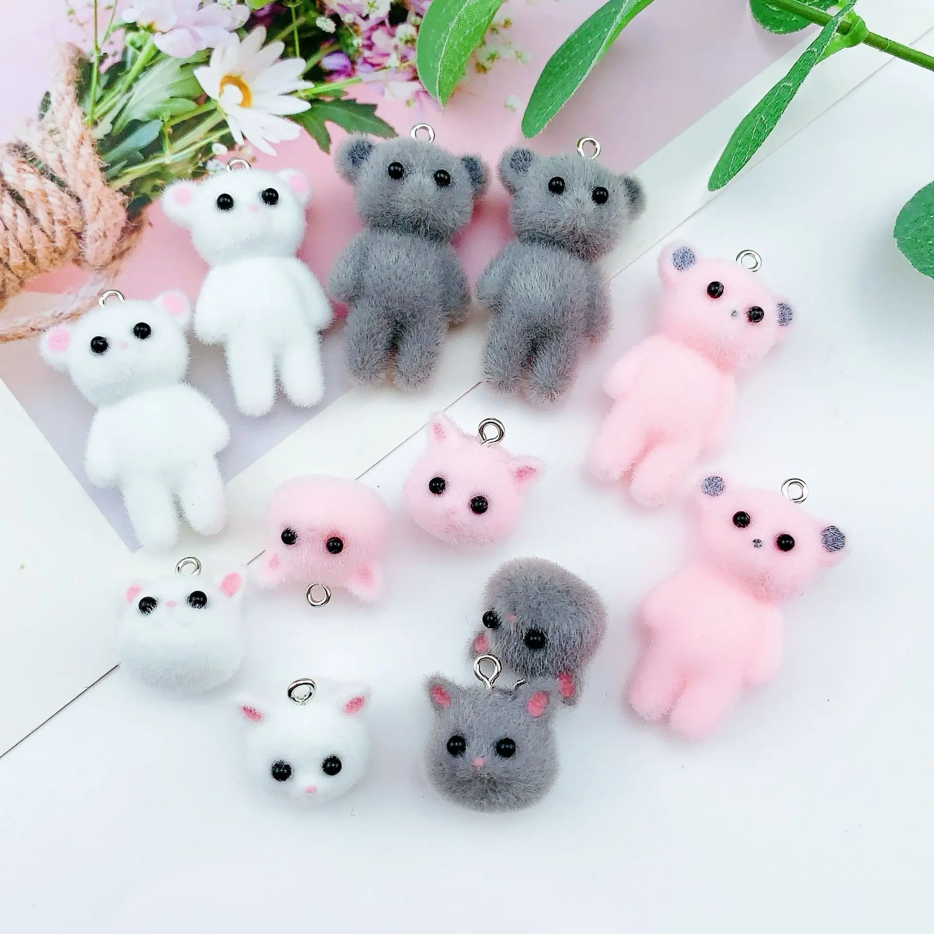 Resin Flocking Cute 3D Cat Bear Pendant Keychain DIY Jewelry Earrings Make Material Accessories Fluffy Animal Charms Pendant