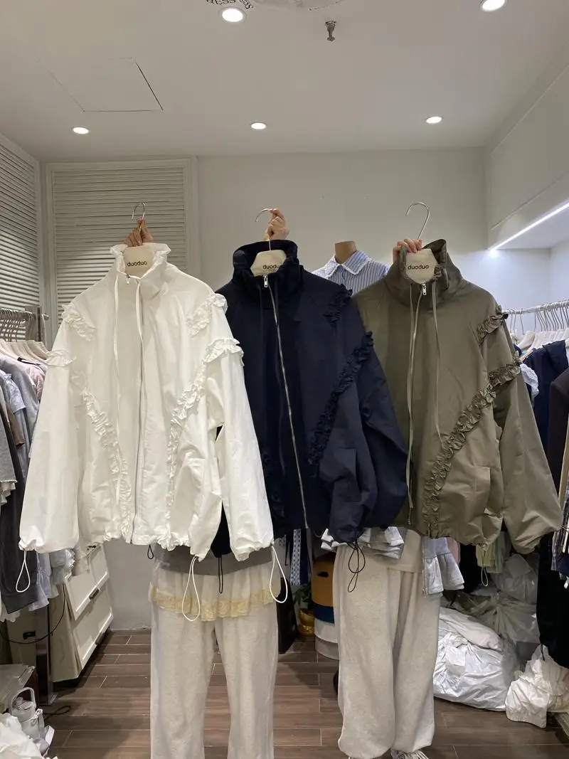 일본 달콤한 소녀 스탠드 업 칼라 긴팔 프릴 엣지 드로우 스트링 트렌치 코트 통근 심플 패션 야구 유니폼