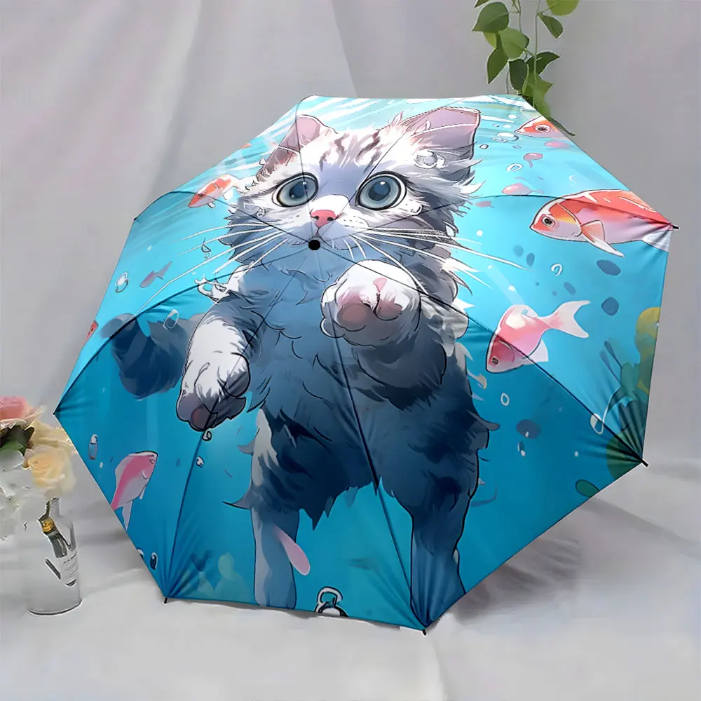 1PC Adorable Kitten Swims Through Colorful Fish Wonderland Print 8 Iron Ribs Folding Umbrella Auto-Open Fashion Sunshade