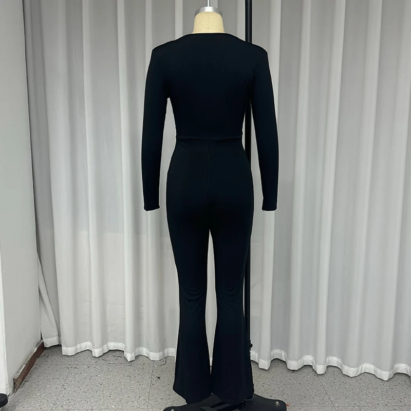 Wefads Tuta Abbigliamento donna Moda Solido Manica lunga Scollo a V Cintura cava Vita stretta Pantaloni svasati Pagliaccetti Alta streetwear
