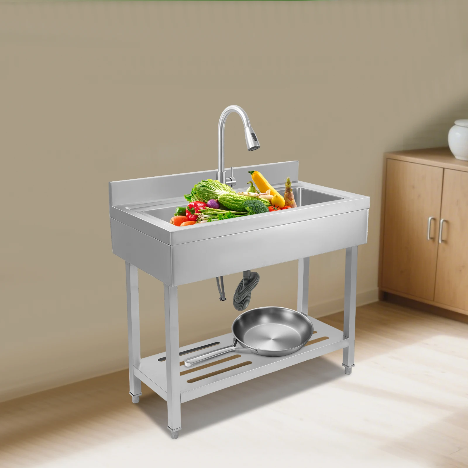 

Stainless Steel Kitchen Commercial Sink, Adjustable Hot And Cold Water,Two Water Outlet Modes Of Shower And Bubbling Water