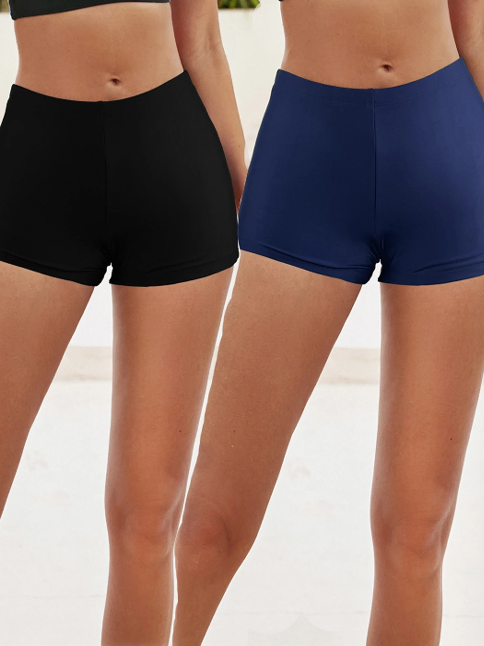 2pcs Women\'s Solid Color High Stretch Slimming Swim Shorts - Casual Beach Bottoms