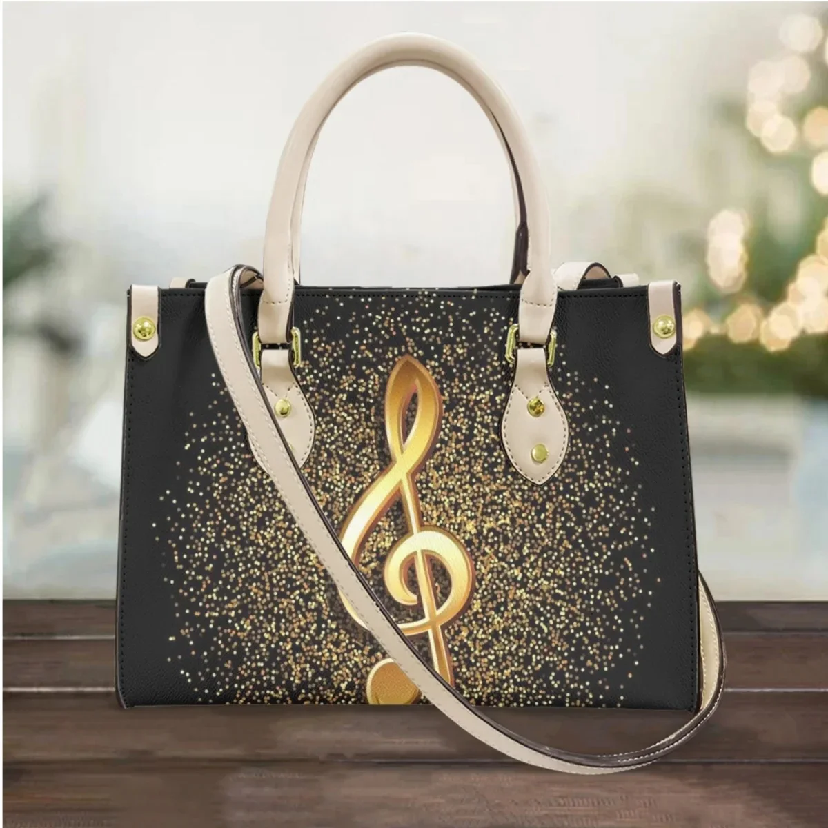 Gold Music Note Pattern Crossbody Bag Female PU Leather Top-handle Small Casual Handbag New Street Trend Messenger Bag Totes