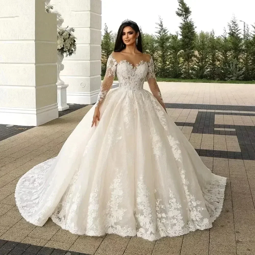 

Customized Elegant Appliques Pearls Wedding Dress Vestidos Noivas Sheer Neck Ballgown Full Sleeves Buttons Back Bridal Gown