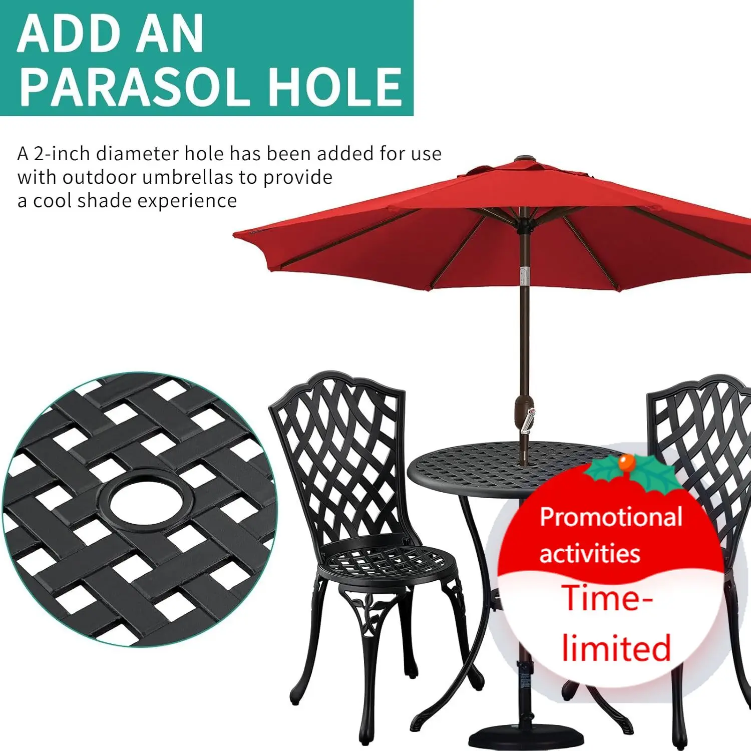 

Комплект для барной зоны из 3 предметов: уличный бистро-набор из литого алюминия с отверстием для зонта, для балкона, двора (черный, сетка)