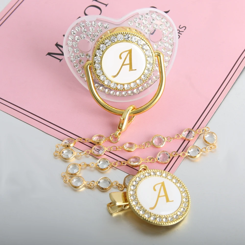 Transparent 26 Initial Letter Luxury Baby Pacifier with Chain Clip Newborn Bling Dummy Soother Chupeta