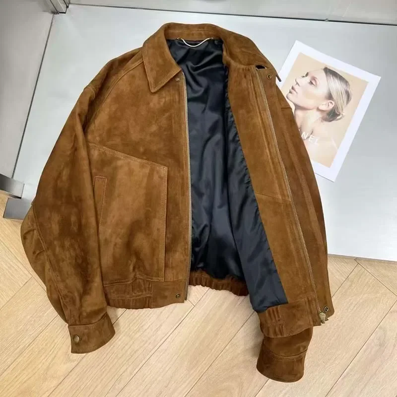 Jaqueta de couro de camurça de primavera feminina comprimento curto gola virada para baixo manga de ombro elegante novo casaco 2025