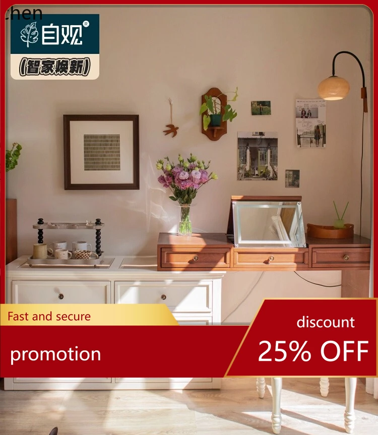 HT Vintage Style Solid Wood Dressing Table Makeup Mirror Storage Cabinet Set Bedroom Retro Bay Window  Bedside Table