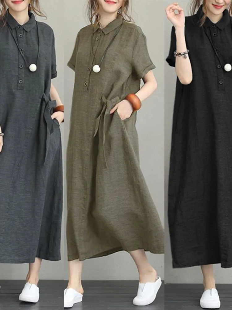 Cross-Border New Cotton Linen Turn-Down Collar Short Sleeve Loose Pocket Elegant Women's Casual Dress