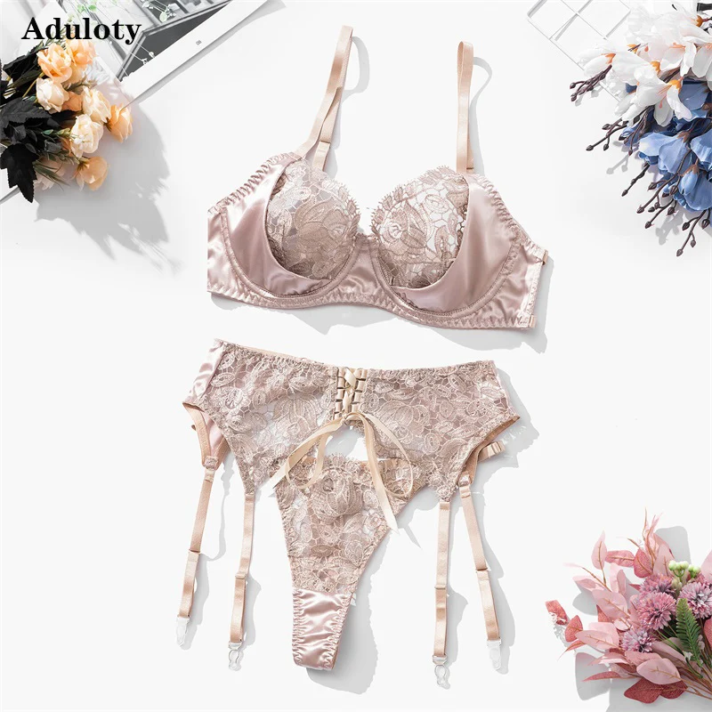 Aduloty Women Sexy Underwear Exquisite Embroidery Lace Satin Splice Thin Bra Seduction Erotic Lingerie Lace Up Three Piece Set