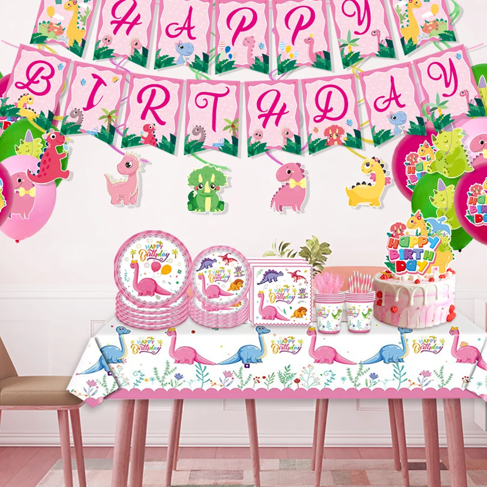 Dinosaur Birthday Party Decoration Pink Color Girls Favorite Cartoon Dinosaur Party Paper Tableware Supplies 32'' Number Balloon