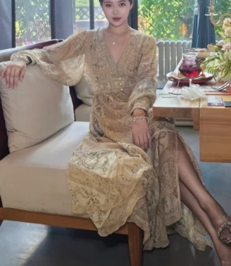 2026 Women Floral Print 100% Silk Long Dress Crystal Beaded Layered Lantern Sleeve Elastic Waist V-Neck Single Breasted Robe