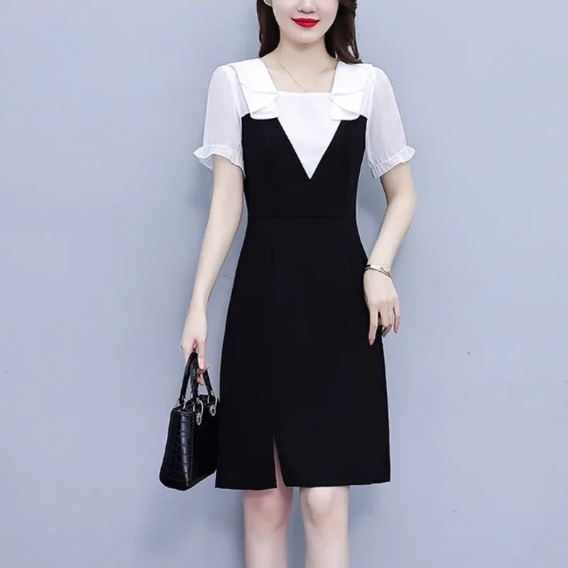 #7976 False Two Piece A-line Dress Women Knee-length Office Elegant Ladies Dresses Square Collar Korean Fashion High Waisted 