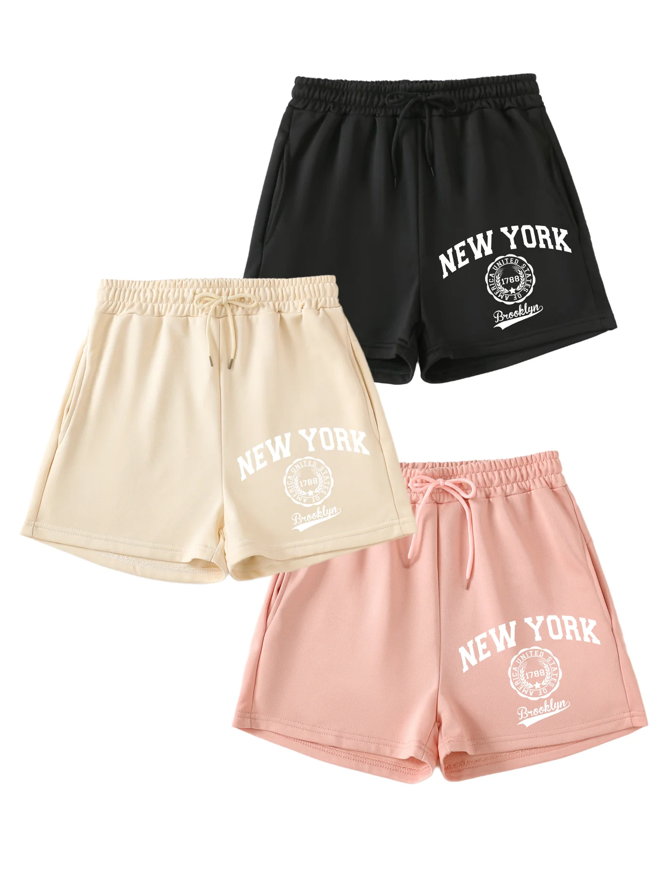 

Set of 3 standard women's casual sports print shorts with pocket rope casual sports jogging bottoms