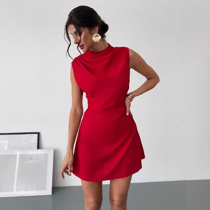 

Women's Red Sleeveless Turtleneck Bodycon Mini Dress Ruched Design Slim-Fit Elegant Party Evening Dress