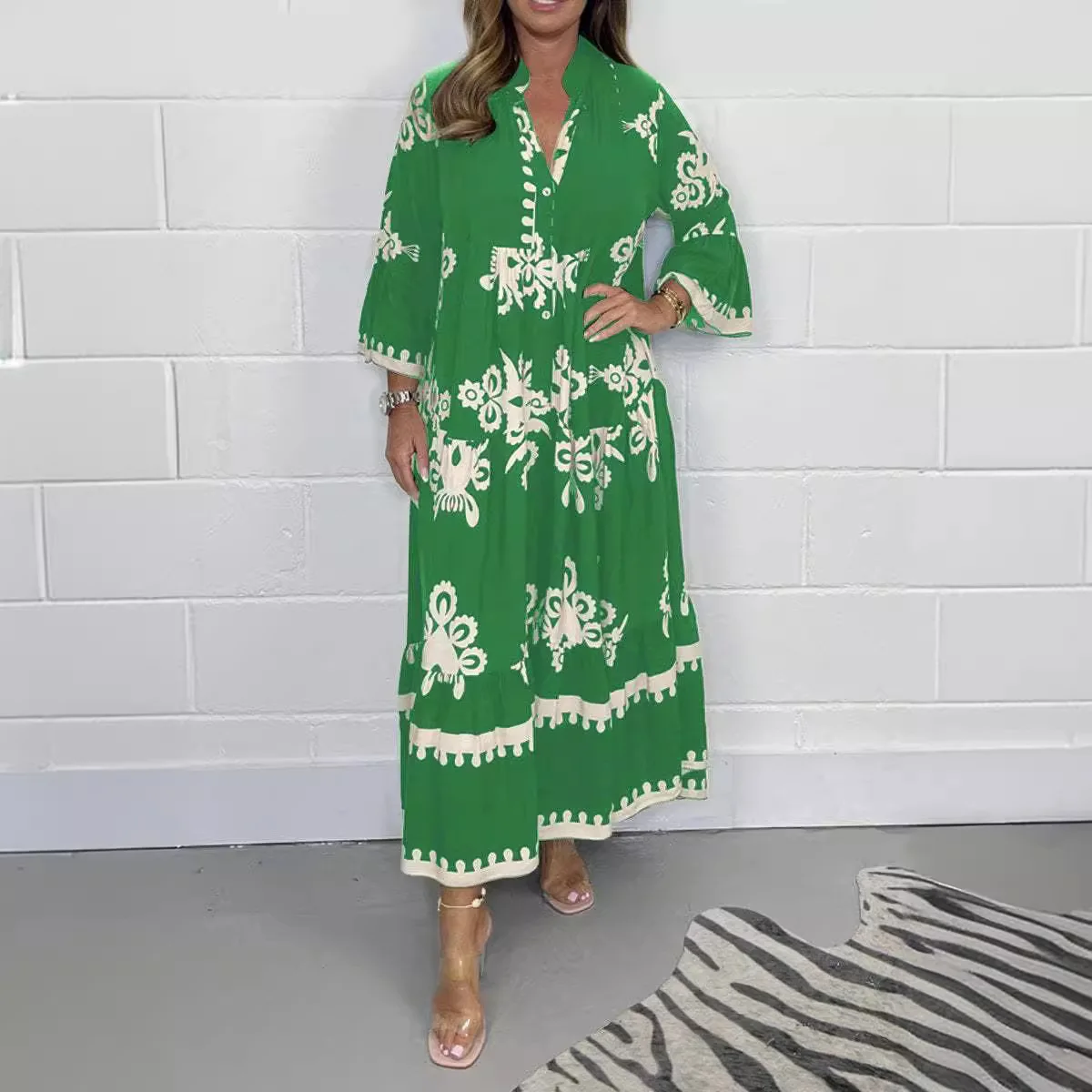 Robe décontractée à manches longues pour femmes, imprimé bohème, ample, col en v, Style confortable pour la maison, élégante, nouvelle collection automne 2025