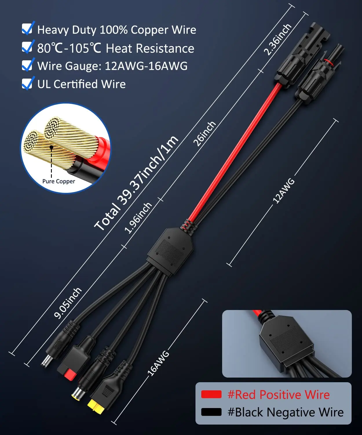 4-in-1 Solar Panel Connector Extension Cable Splitter Compatible with Anderson Connector DC  Adapter Power Plug XT60 Female Conn